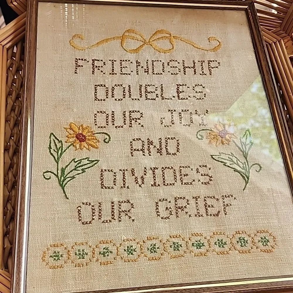 Vintage 60's 70's Embroidered Friendship Quote Framed Wall Art